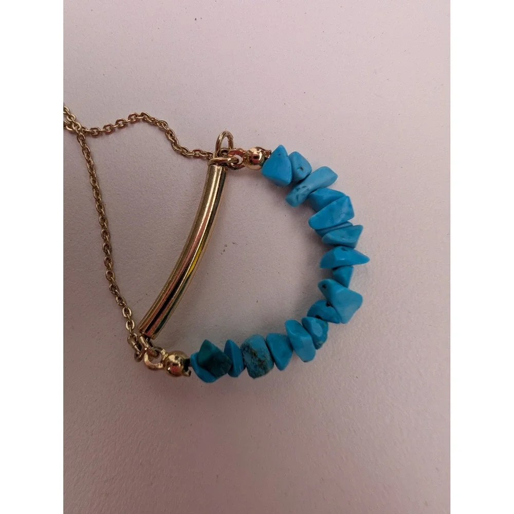 Gold Tone Turquoise Chip Curved Bar Pendant Necklace Minimalist Dainty Boho